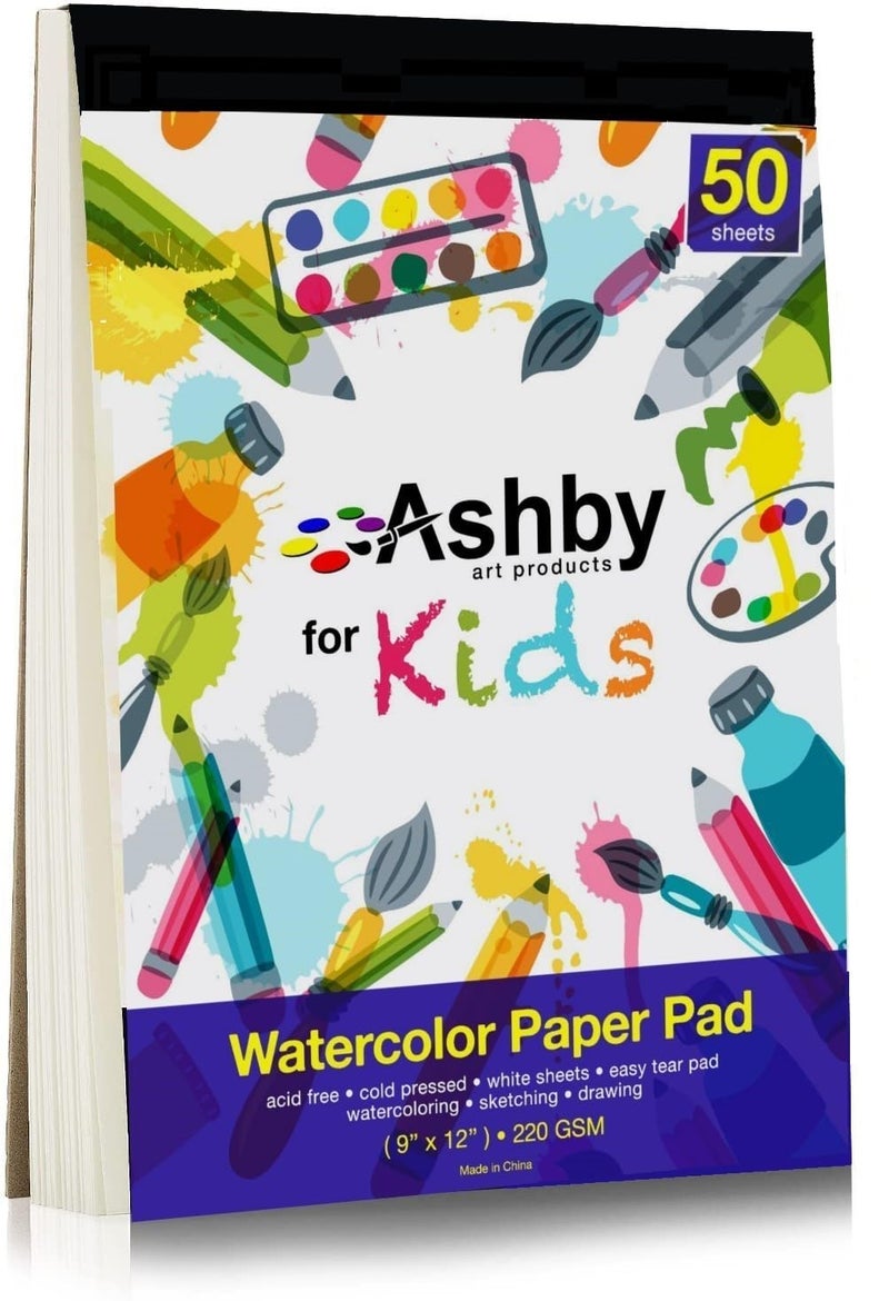 Ashby for Kids - 2 Pack of 9 x12 (220 GSM) Watercolor Paper for Kids. 100 Extra Thick Pages (50 per Pad). Great for Fingerpaints, Drawing, Doodling and Sketching. Easy to Remove Pages. Natural White - Image 1